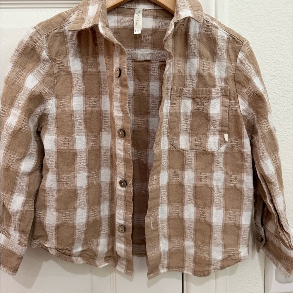 Rylee & Cru boys Tan and White Checkered button down shirt